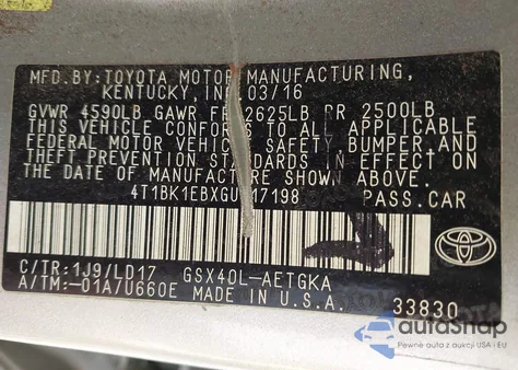 2016 Toyota Avalon Xle from USA, damaged, VIN 4T1BK1EBXGU217198